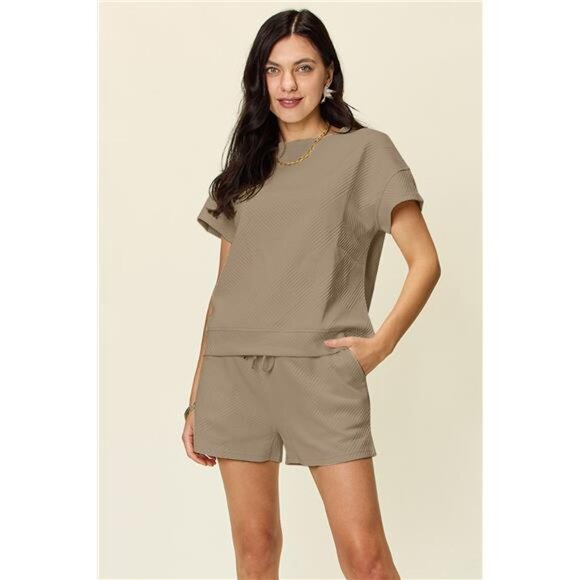 Double Take Full Size Texture Short Sleeve T-Shirt and Drawstring Shorts Set - Picture 1 of 16
